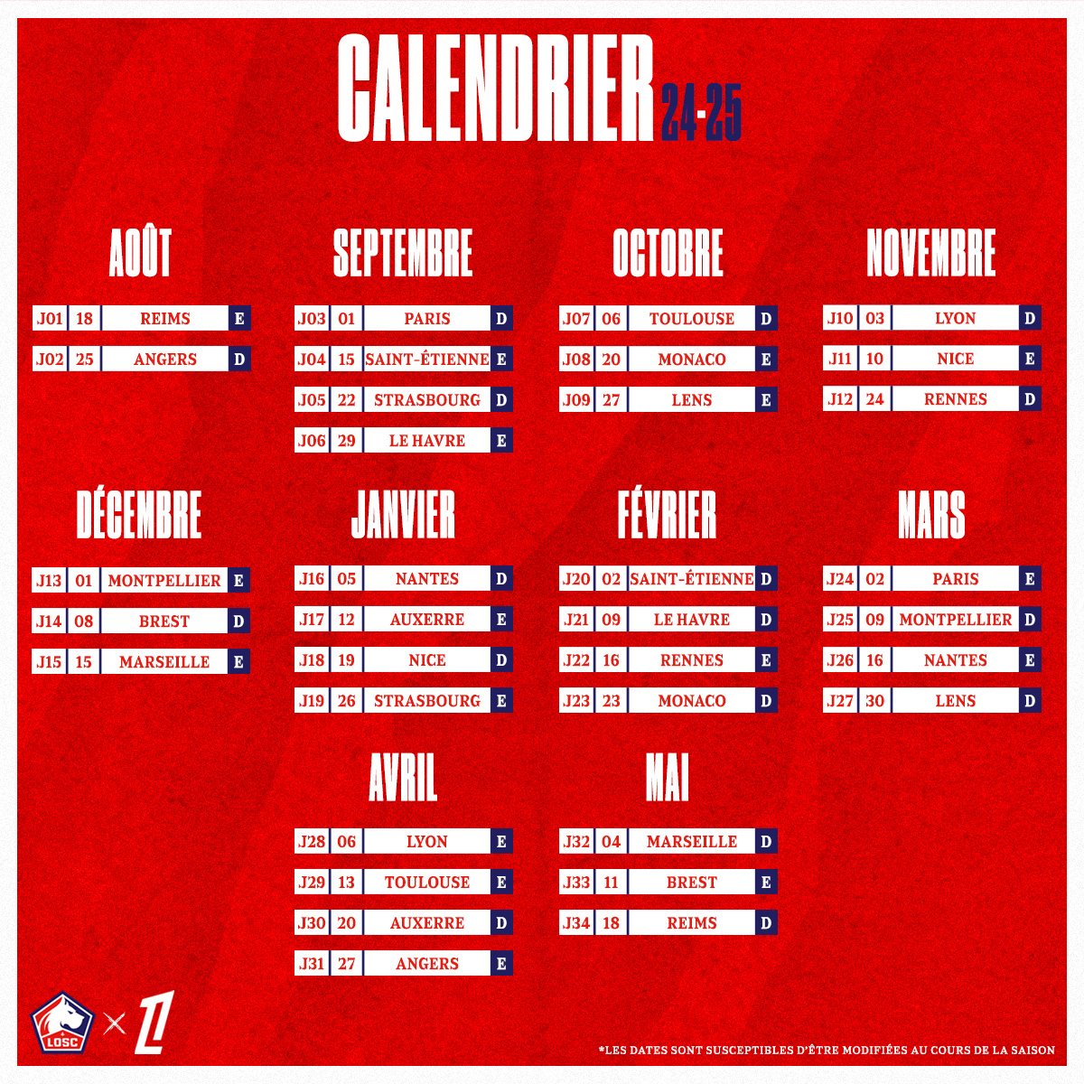 Calendrier 20242025 ReimsLOSC pour débuter LOSC